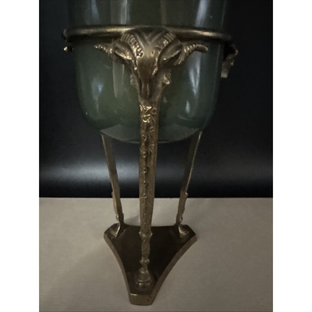 Vtg MCM Brass Stand Paired w Pottery Barn Glass‎ Candle Holder Ram Head Man Cave